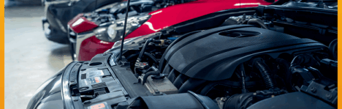 Line of cars with hoods up in the shop